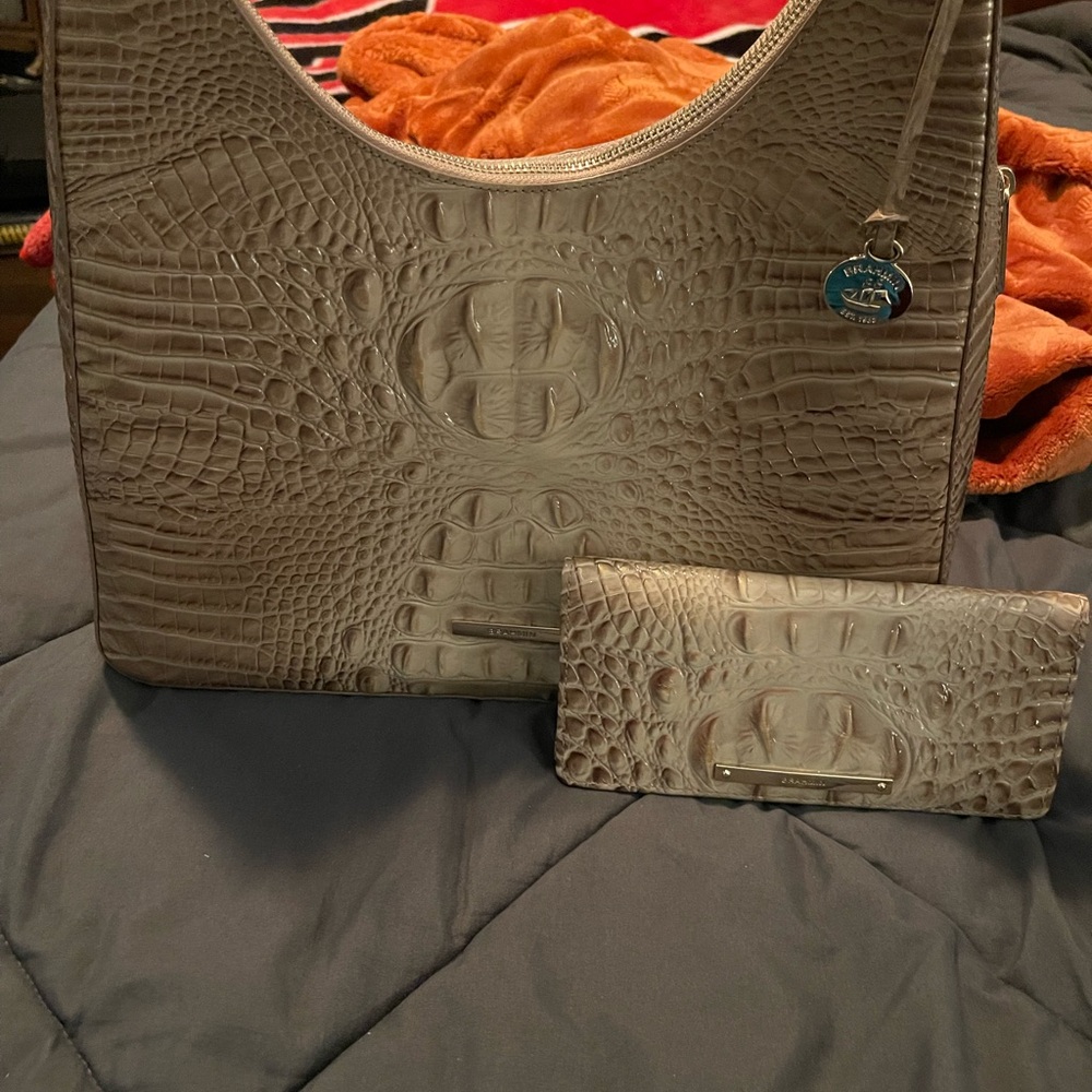 Brahmin Beige Embossed Leather Shoulder Bag and Wallet